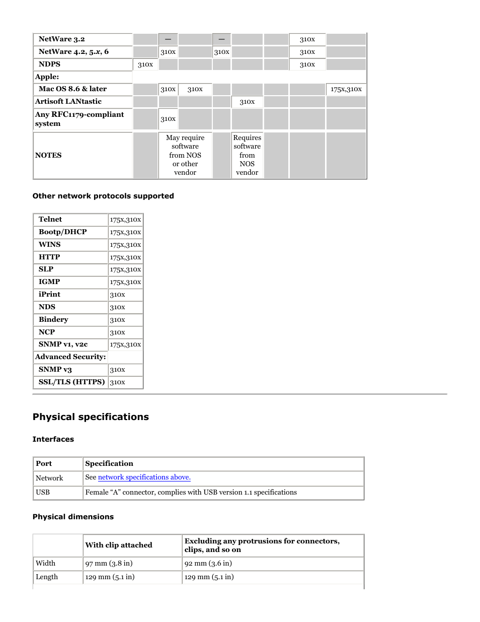 Physical specs, More, Physical specifications | HP Jetdirect 175x Print Server series User Manual | Page 132 / 142