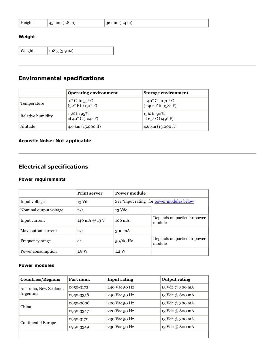Environmental specs, Electrical specs, Environmental specifications | Electrical specifications | HP Jetdirect 175x Print Server series User Manual | Page 133 / 142