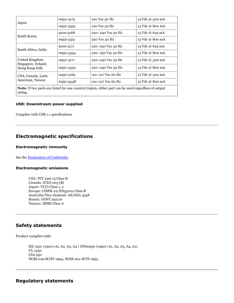 Electromagnetic specs, Safety statements, Regulatory statements | Electromagnetic specifications | HP Jetdirect 175x Print Server series User Manual | Page 134 / 142