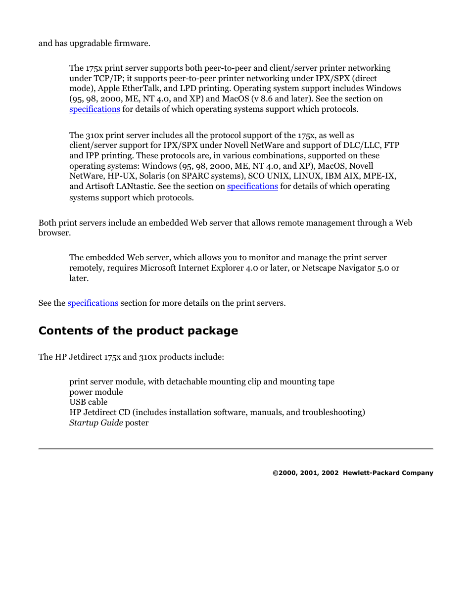 Contents of the product package | HP Jetdirect 175x Print Server series User Manual | Page 2 / 142