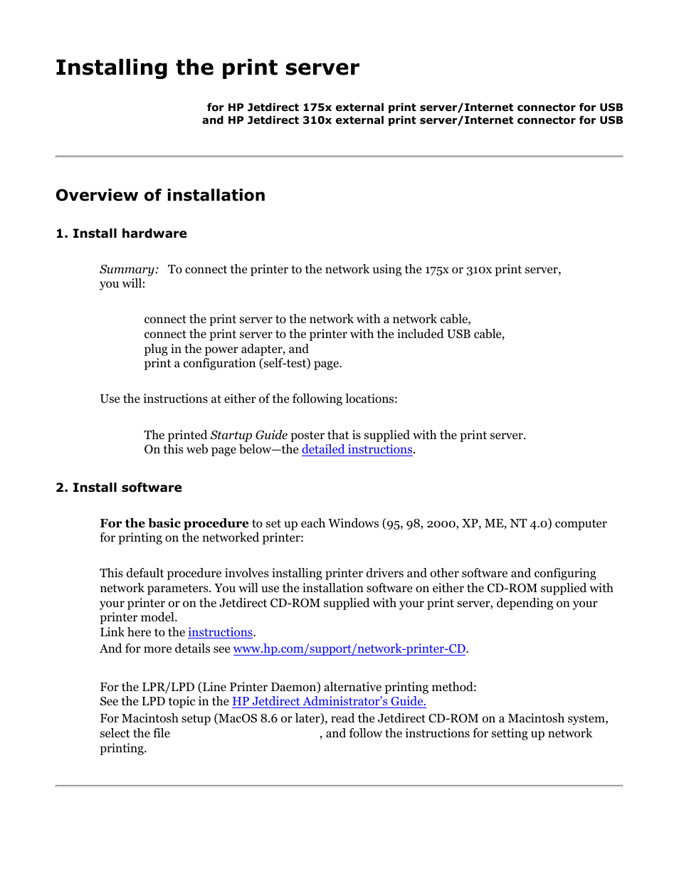 175x, 310x install, Install, The print server | Installing the print server, Overview of installation | HP Jetdirect 175x Print Server series User Manual | Page 51 / 142