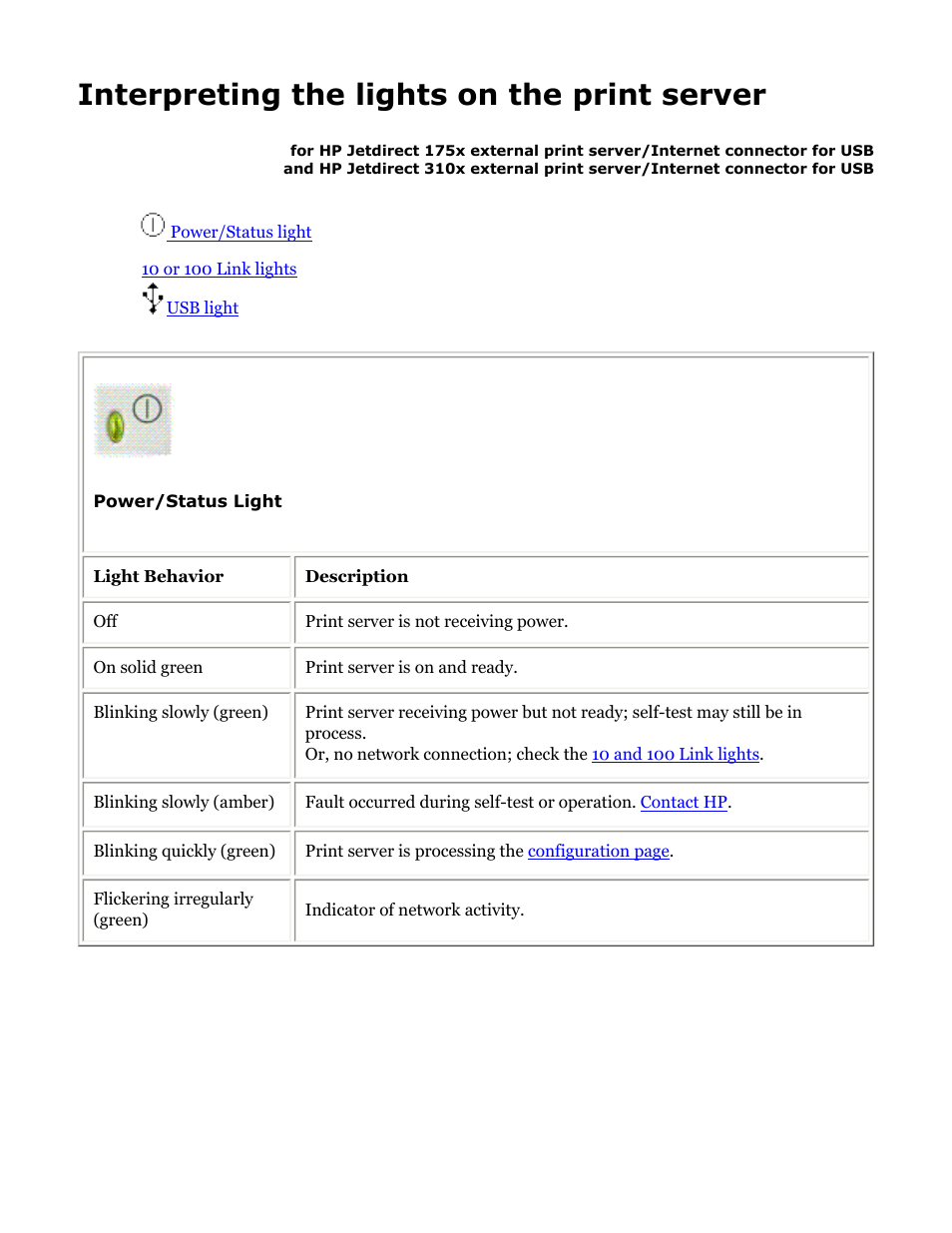 175x, 310x troubleshooting: interpreting leds, Interpreting the lights on the print server | HP Jetdirect 175x Print Server series User Manual | Page 56 / 142