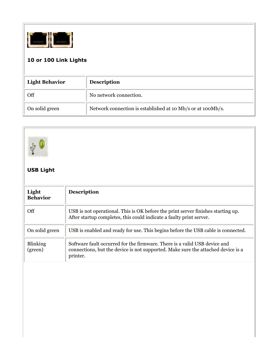 10 or 100 link lights, Usb light, Or, no network connection; check the | 10 and 100 link lights | HP Jetdirect 175x Print Server series User Manual | Page 57 / 142