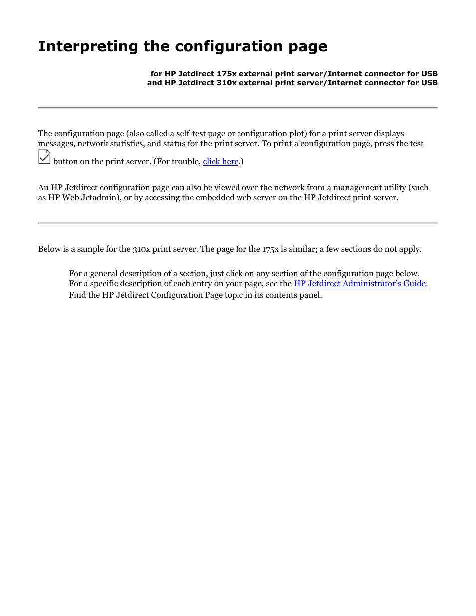 Print server is processing the, Interpreting the configuration page | HP Jetdirect 175x Print Server series User Manual | Page 59 / 142