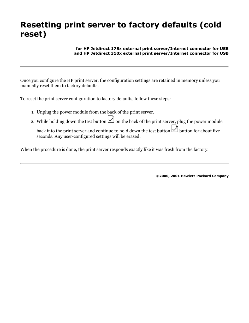 175x, 310x troubleshooting: cold reset | HP Jetdirect 175x Print Server series User Manual | Page 62 / 142