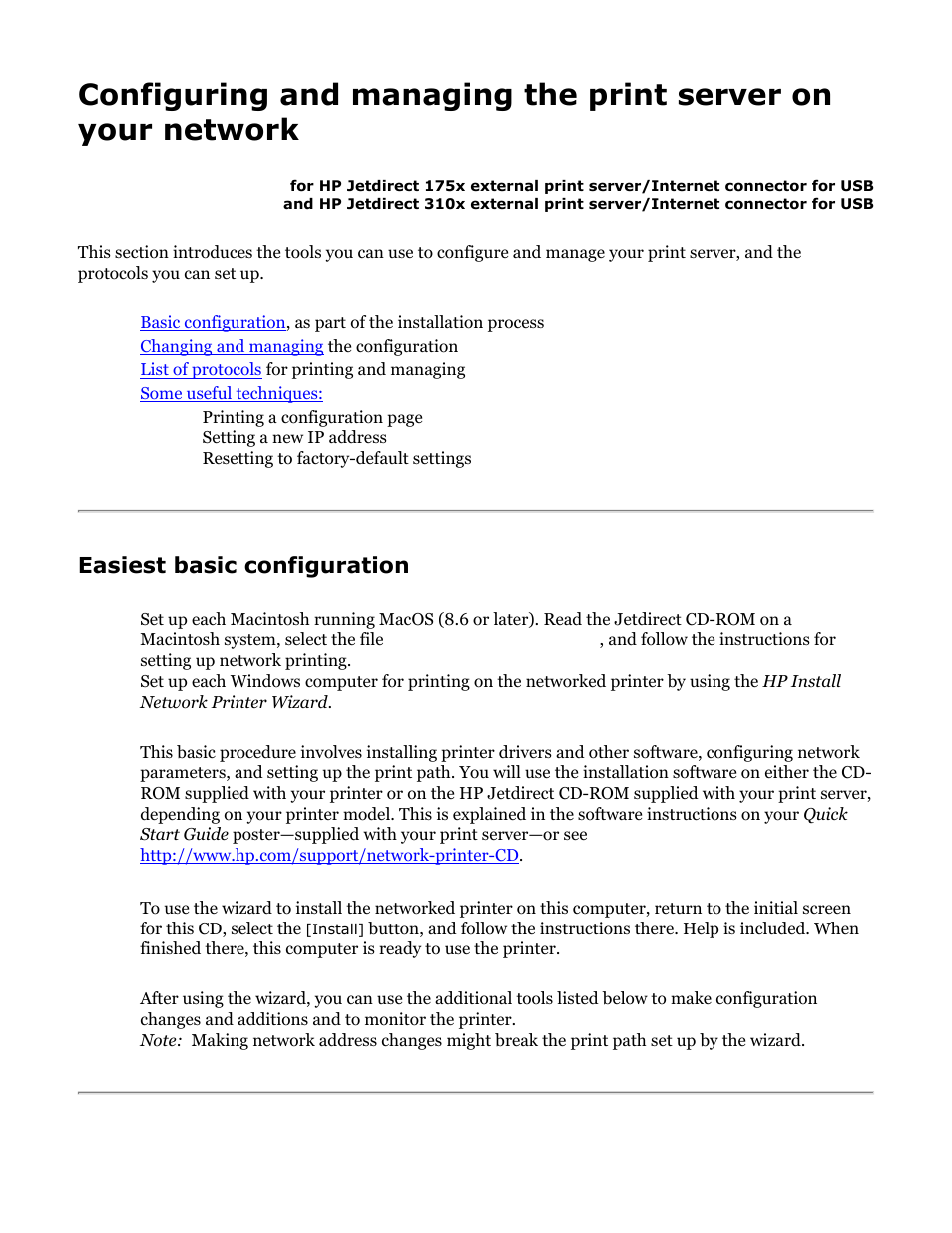 175x, 310x configure and manage, Configure and manage, The print server | Easiest basic configuration | HP Jetdirect 175x Print Server series User Manual | Page 63 / 142
