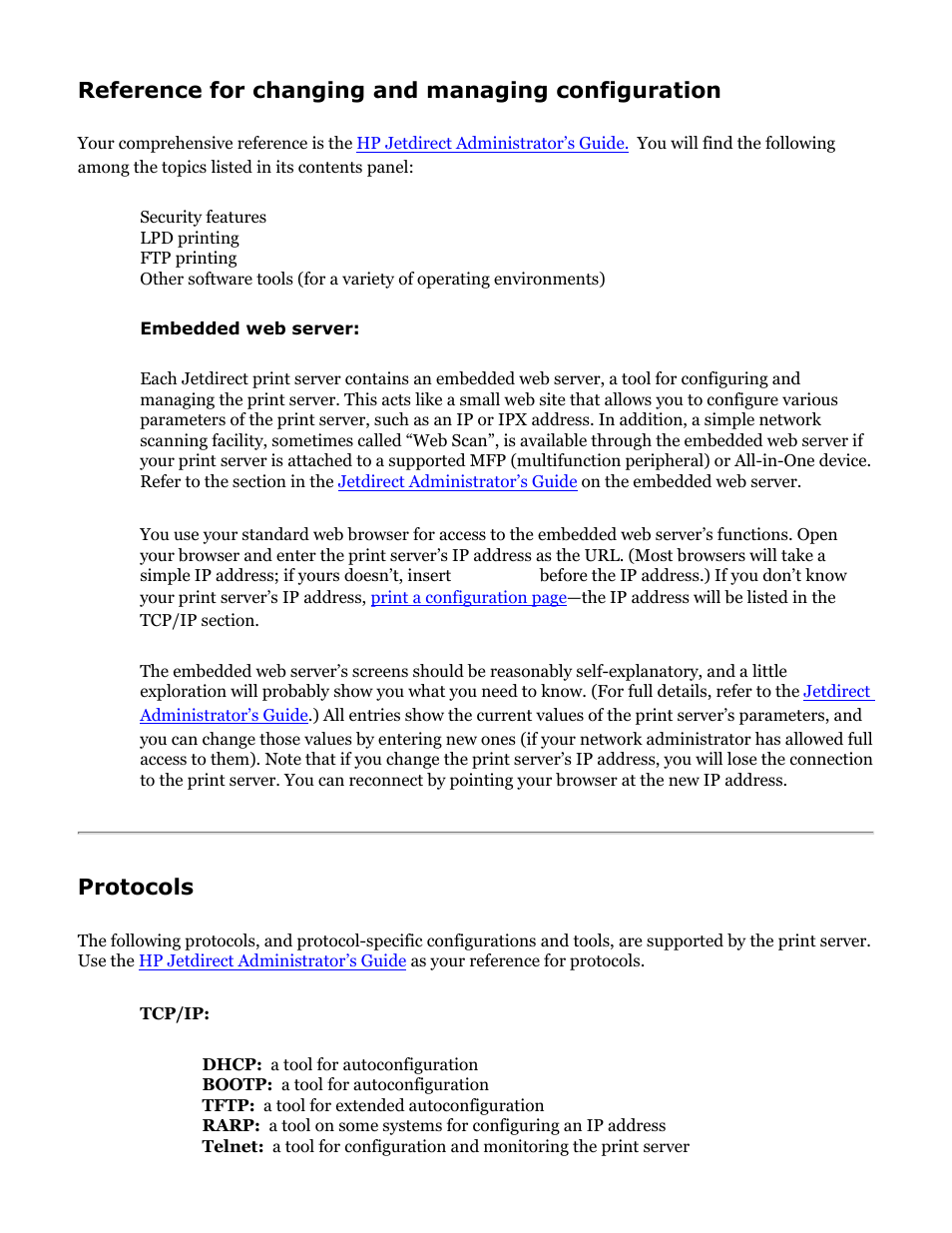 List of protocols, For printing and managing, Reference for changing and managing configuration | Protocols | HP Jetdirect 175x Print Server series User Manual | Page 64 / 142