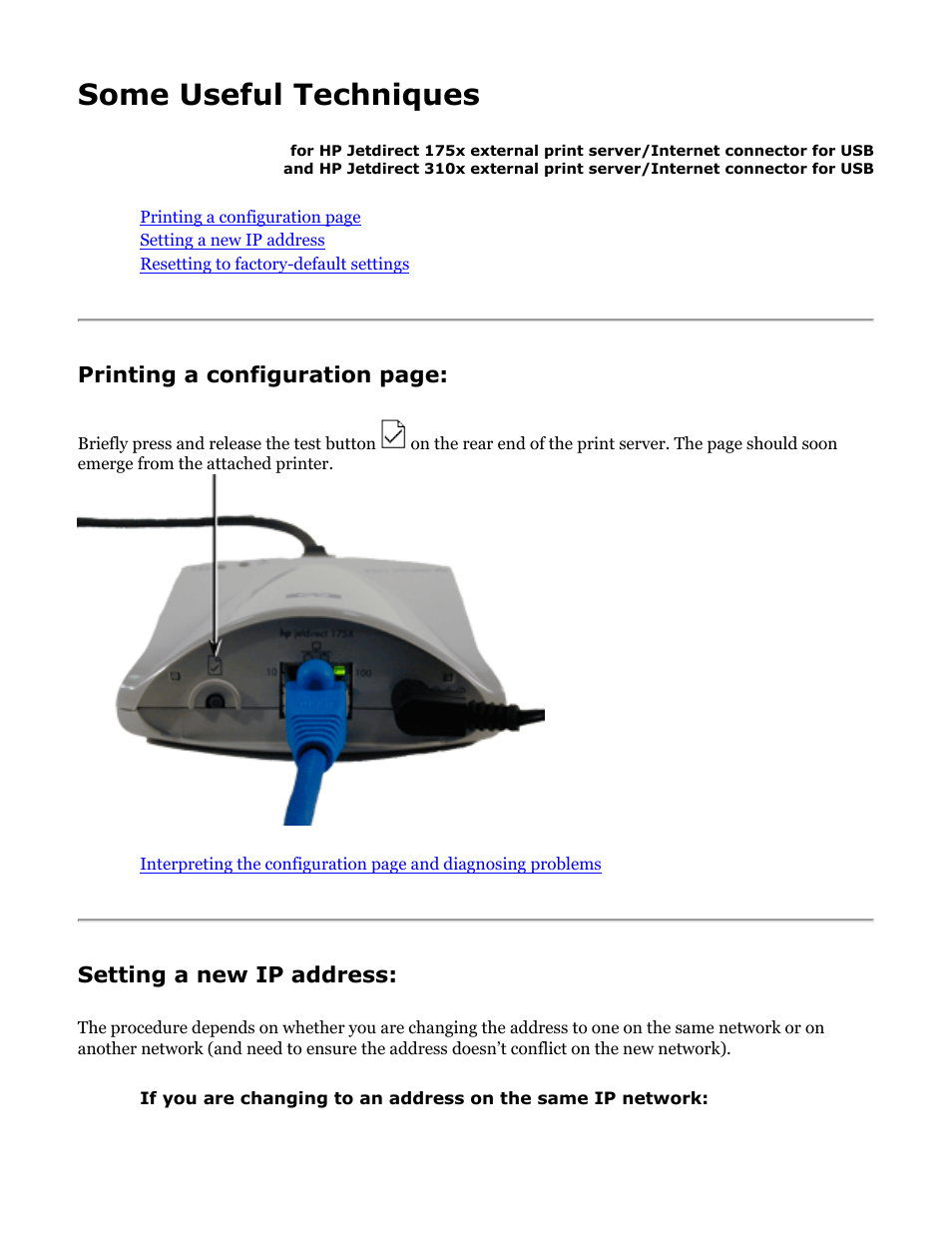 175x, 310x useful techniques, Some useful techniques, Printing a configuration page | Setting a new ip address | HP Jetdirect 175x Print Server series User Manual | Page 66 / 142