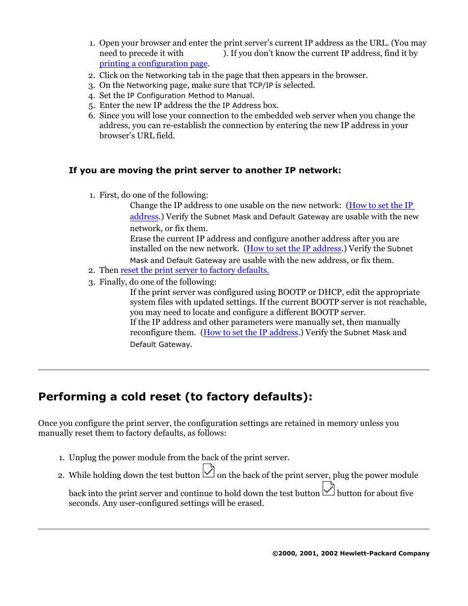 Resetting to factory-default settings, Performing a cold reset (to factory defaults) | HP Jetdirect 175x Print Server series User Manual | Page 67 / 142