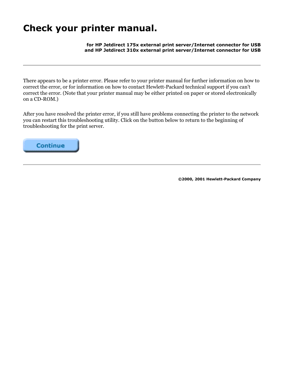 175x, 310x troubleshooting: check printer manual, Check your printer manual | HP Jetdirect 175x Print Server series User Manual | Page 73 / 142
