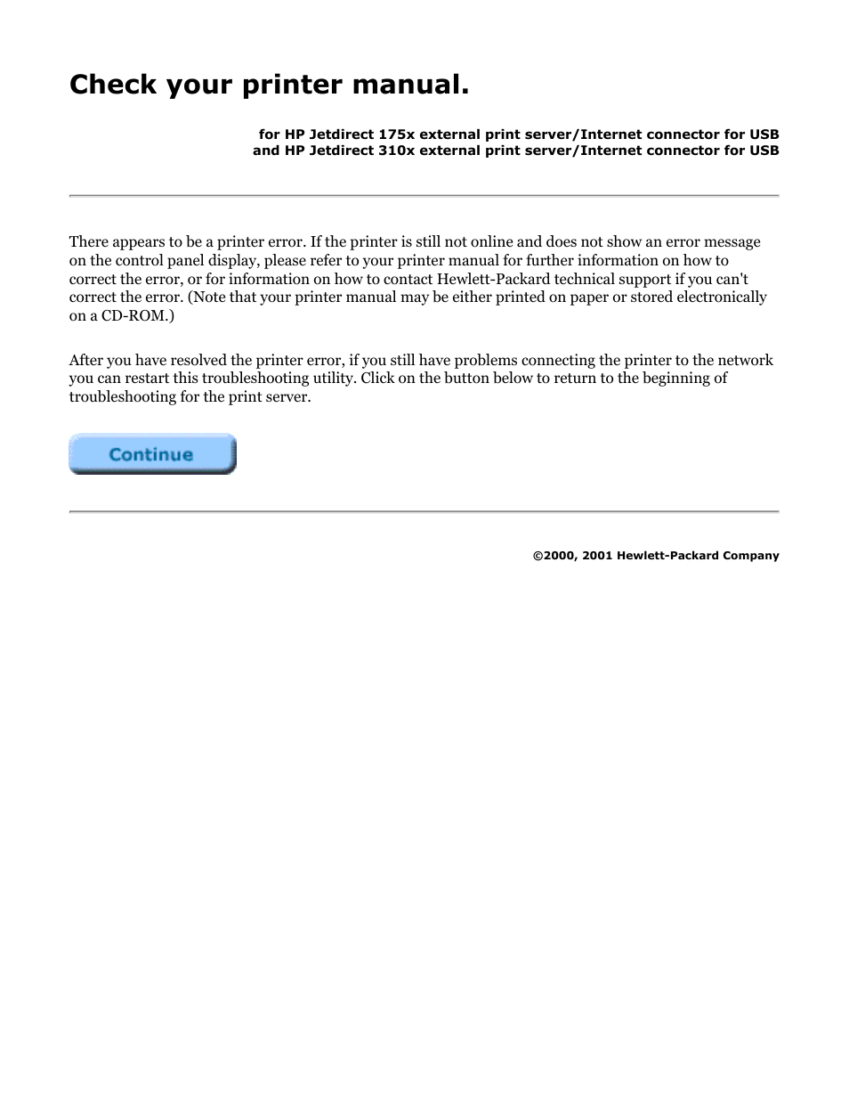 175x, 310x troubleshooting: check printer manual, Check your printer manual | HP Jetdirect 175x Print Server series User Manual | Page 75 / 142