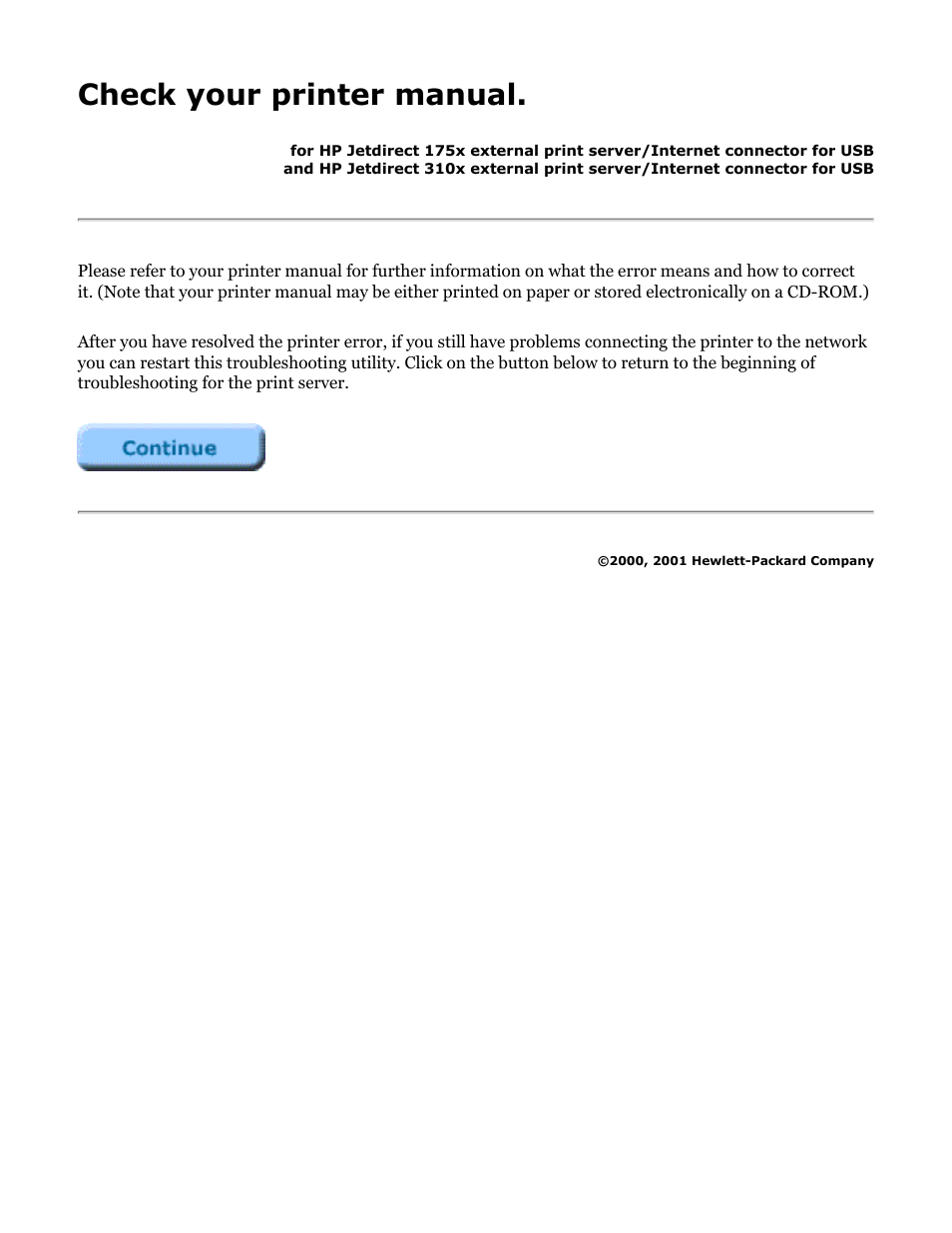 175x, 310x troubleshooting: check printer manual, Check your printer manual | HP Jetdirect 175x Print Server series User Manual | Page 76 / 142