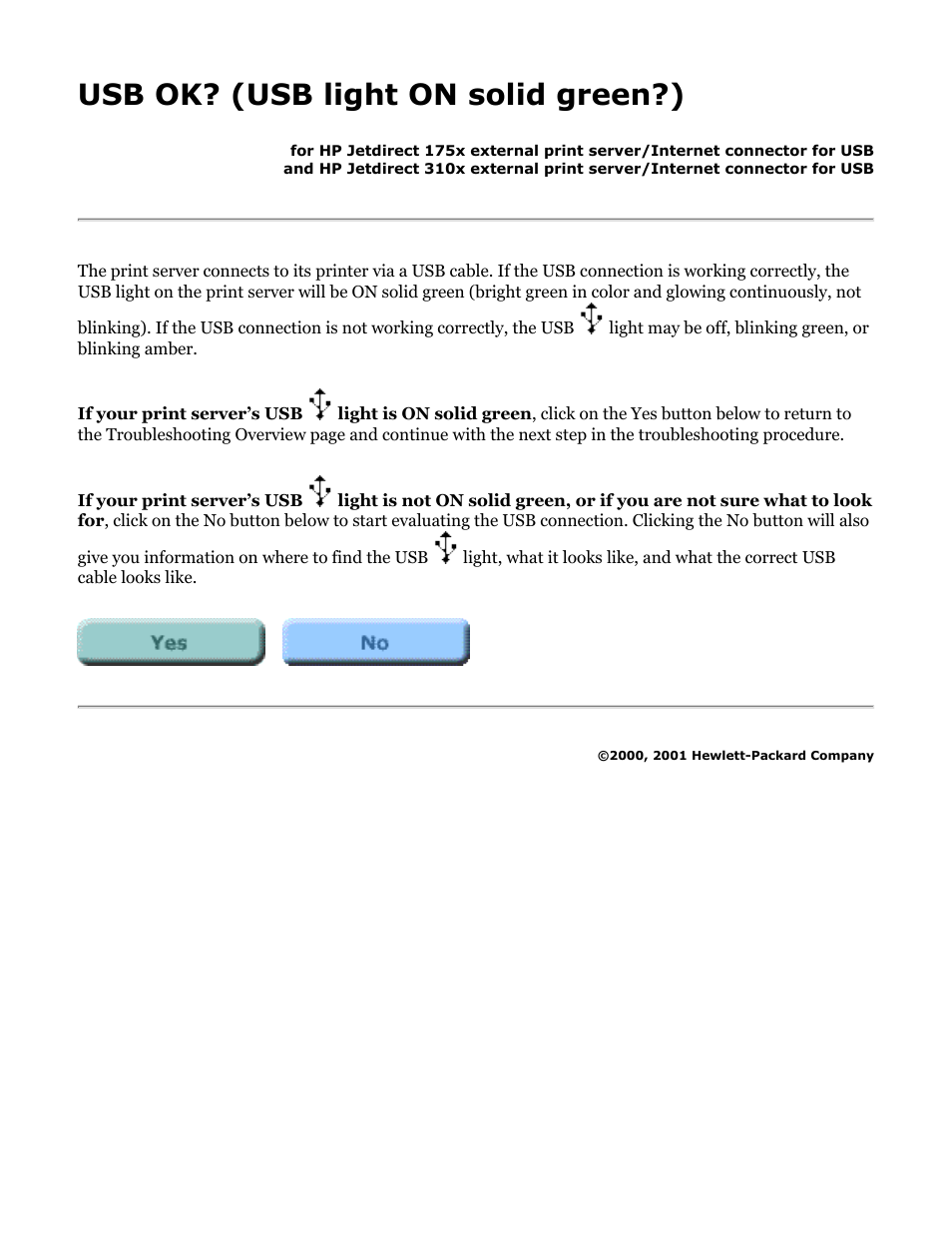 175x, 310x troubleshooting: usb ok, Usb ok? (usb light on solid green?) | HP Jetdirect 175x Print Server series User Manual | Page 79 / 142