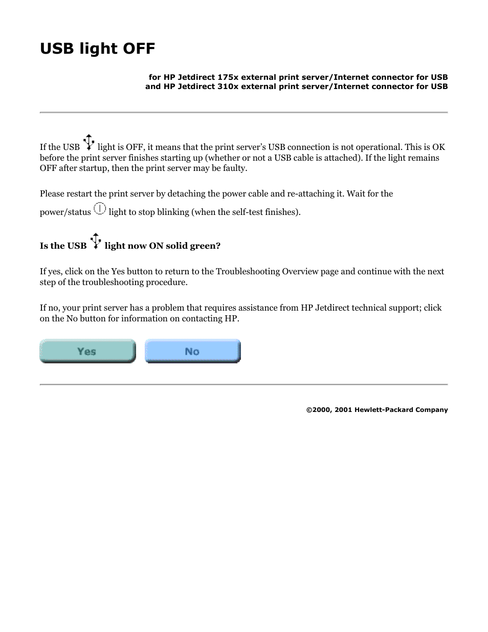 175x, 310x troubleshooting: usb light off, Usb light off | HP Jetdirect 175x Print Server series User Manual | Page 83 / 142