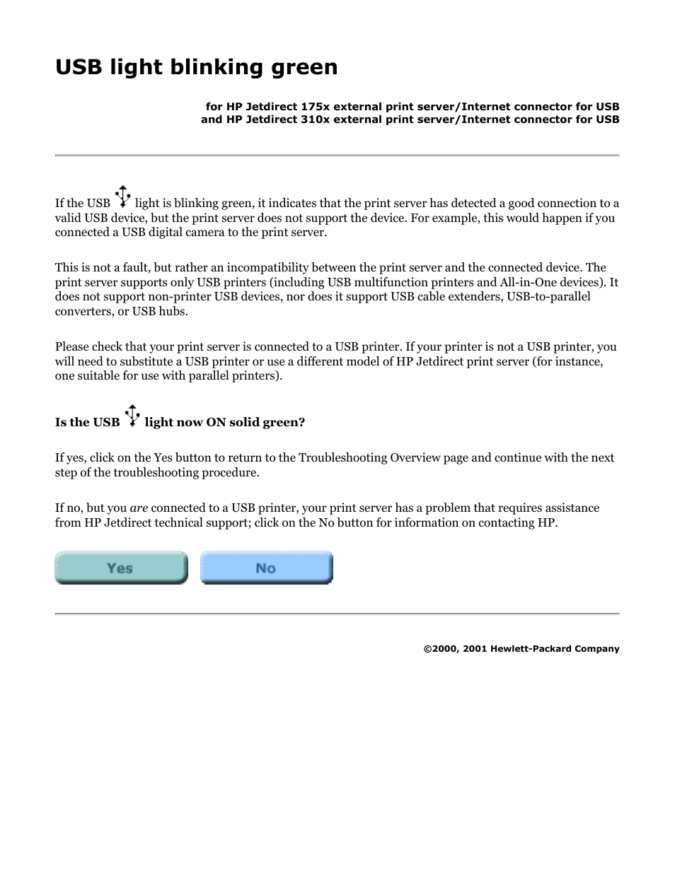 Usb light blinking green | HP Jetdirect 175x Print Server series User Manual | Page 84 / 142