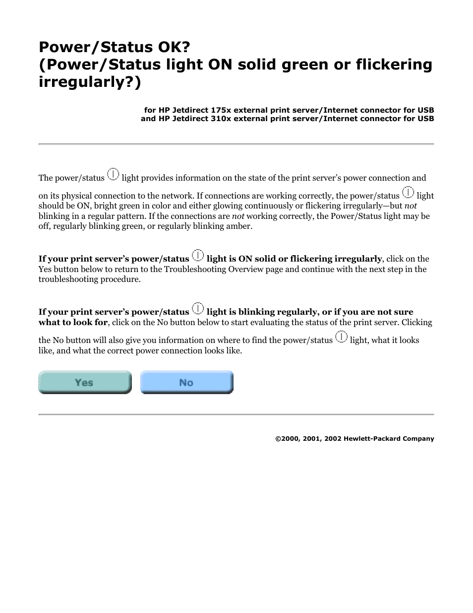 175x, 310x troubleshooting: power/status ok | HP Jetdirect 175x Print Server series User Manual | Page 88 / 142