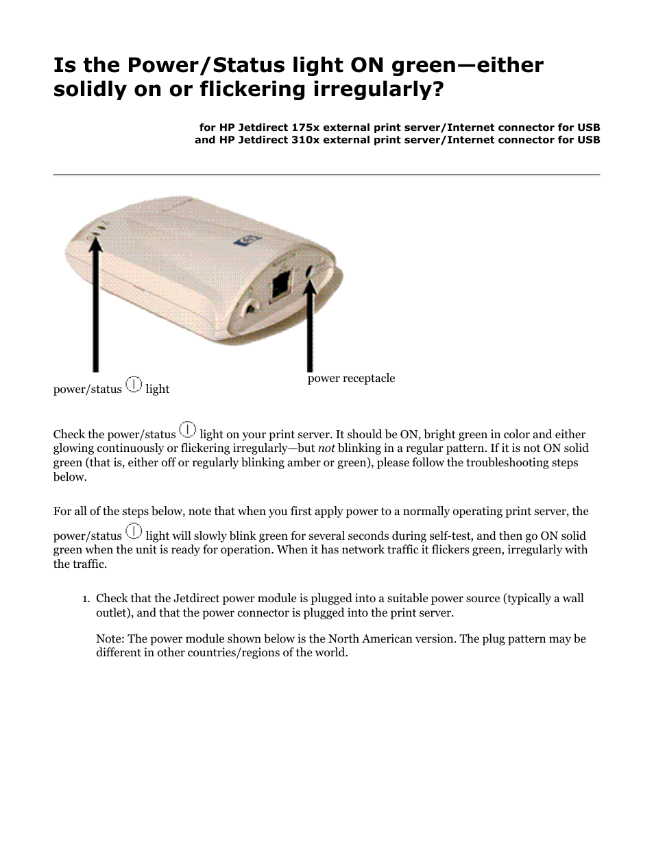 175x, 310x troubleshooting: power/status on green | HP Jetdirect 175x Print Server series User Manual | Page 89 / 142