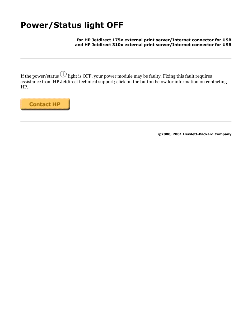 175x, 310x troubleshooting: power/status light off, Power/status light off | HP Jetdirect 175x Print Server series User Manual | Page 92 / 142