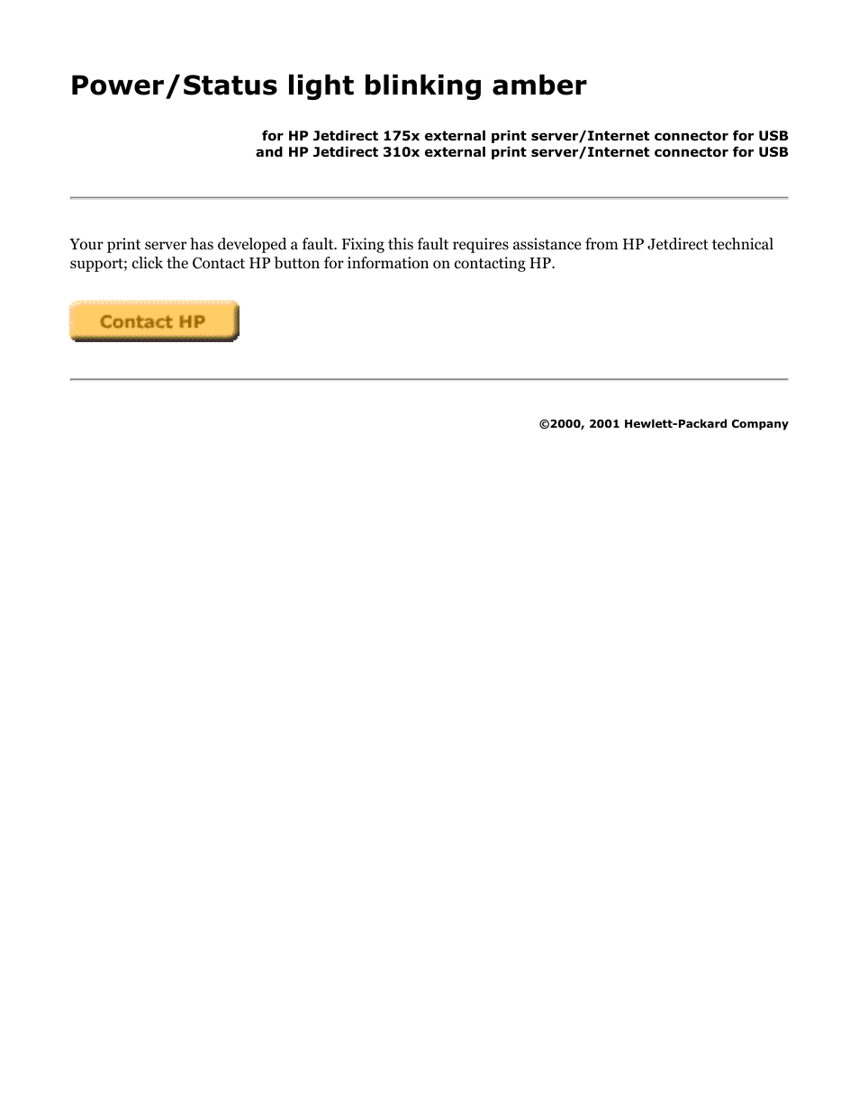 Power/status light blinking amber | HP Jetdirect 175x Print Server series User Manual | Page 95 / 142