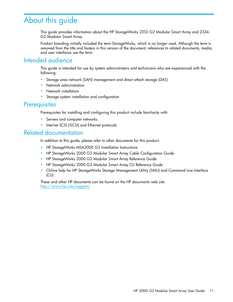 About this guide, Intended audience, Prerequisites | Related documentation | HP 2000I G2-Modular-Smart-Array User Manual | Page 11 / 72