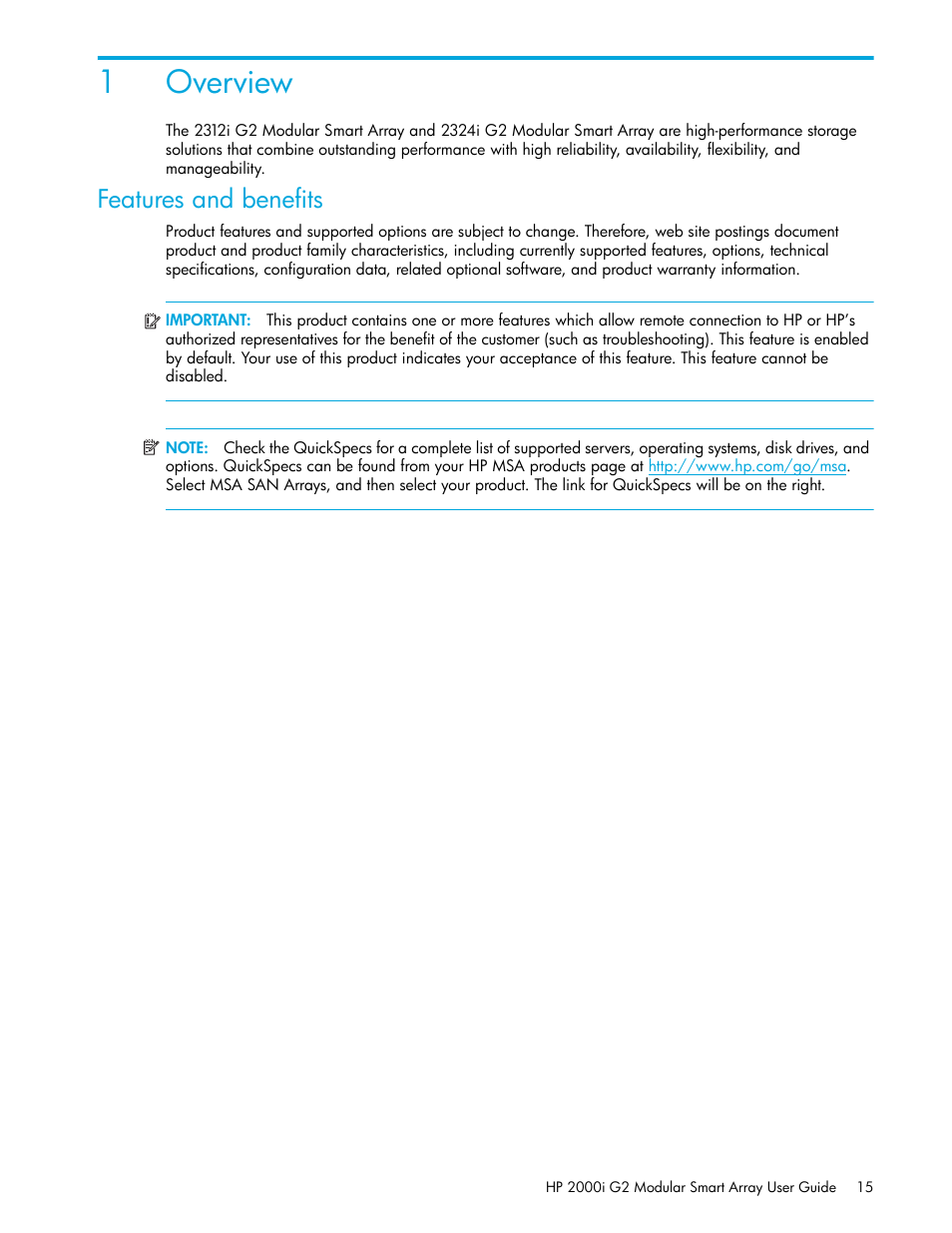 Overview, Features and benefits, 1 overview | 1overview | HP 2000I G2-Modular-Smart-Array User Manual | Page 15 / 72