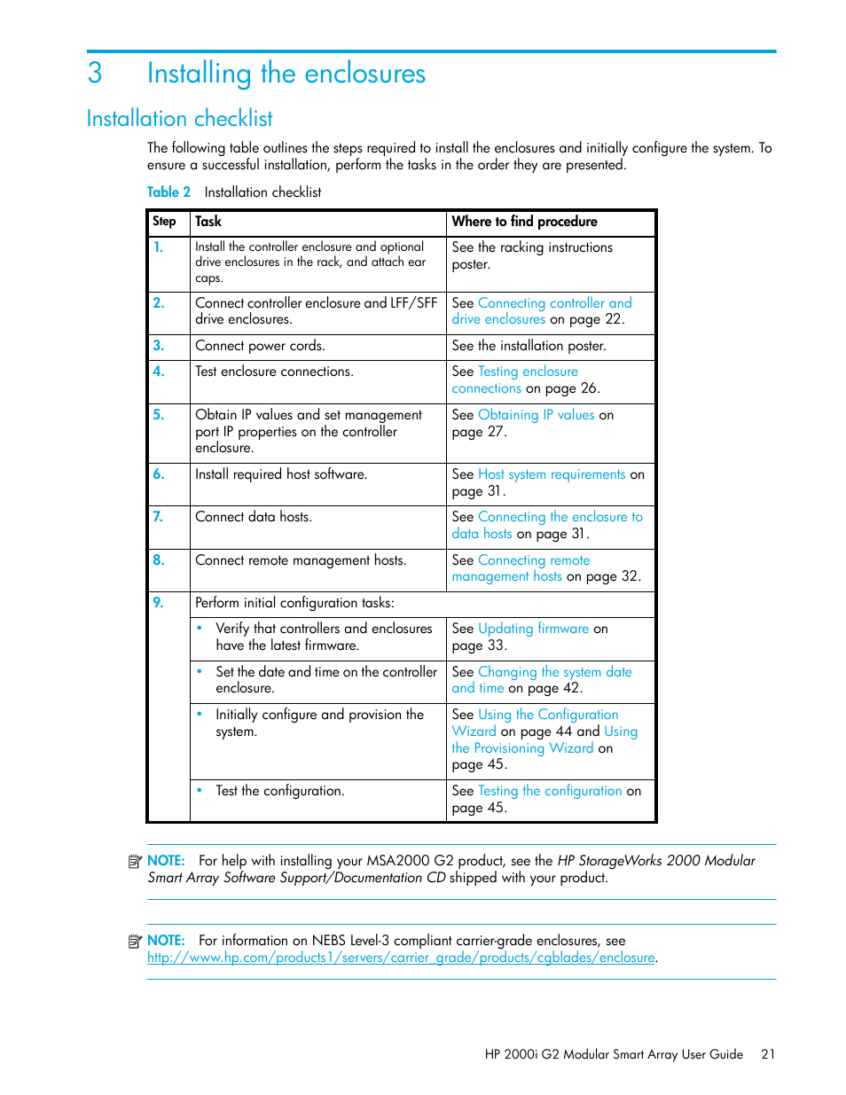 Installing the enclosures, Installation checklist, 3 installing the enclosures | 2 installation checklist, 3installing the enclosures | HP 2000I G2-Modular-Smart-Array User Manual | Page 21 / 72