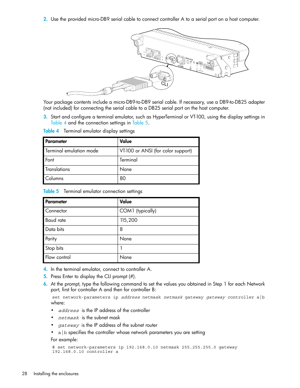 4 terminal emulator display settings, 5 terminal emulator connection settings | HP 2000I G2-Modular-Smart-Array User Manual | Page 28 / 72