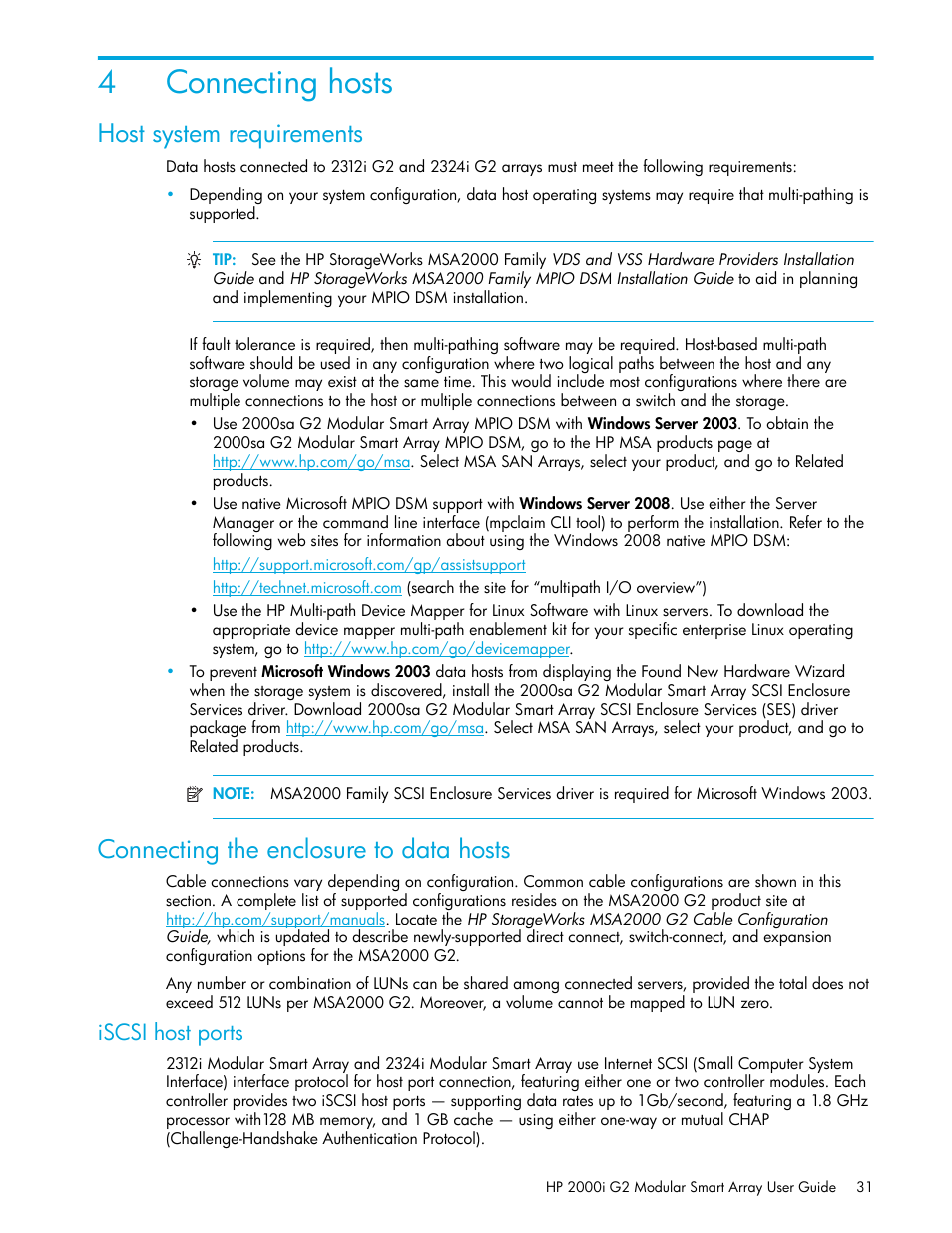 Connecting hosts, Host system requirements, Connecting the enclosure to data hosts | 4 connecting hosts, Iscsi host ports, Connecting the enclosure to, Data hosts, 4connecting hosts | HP 2000I G2-Modular-Smart-Array User Manual | Page 31 / 72