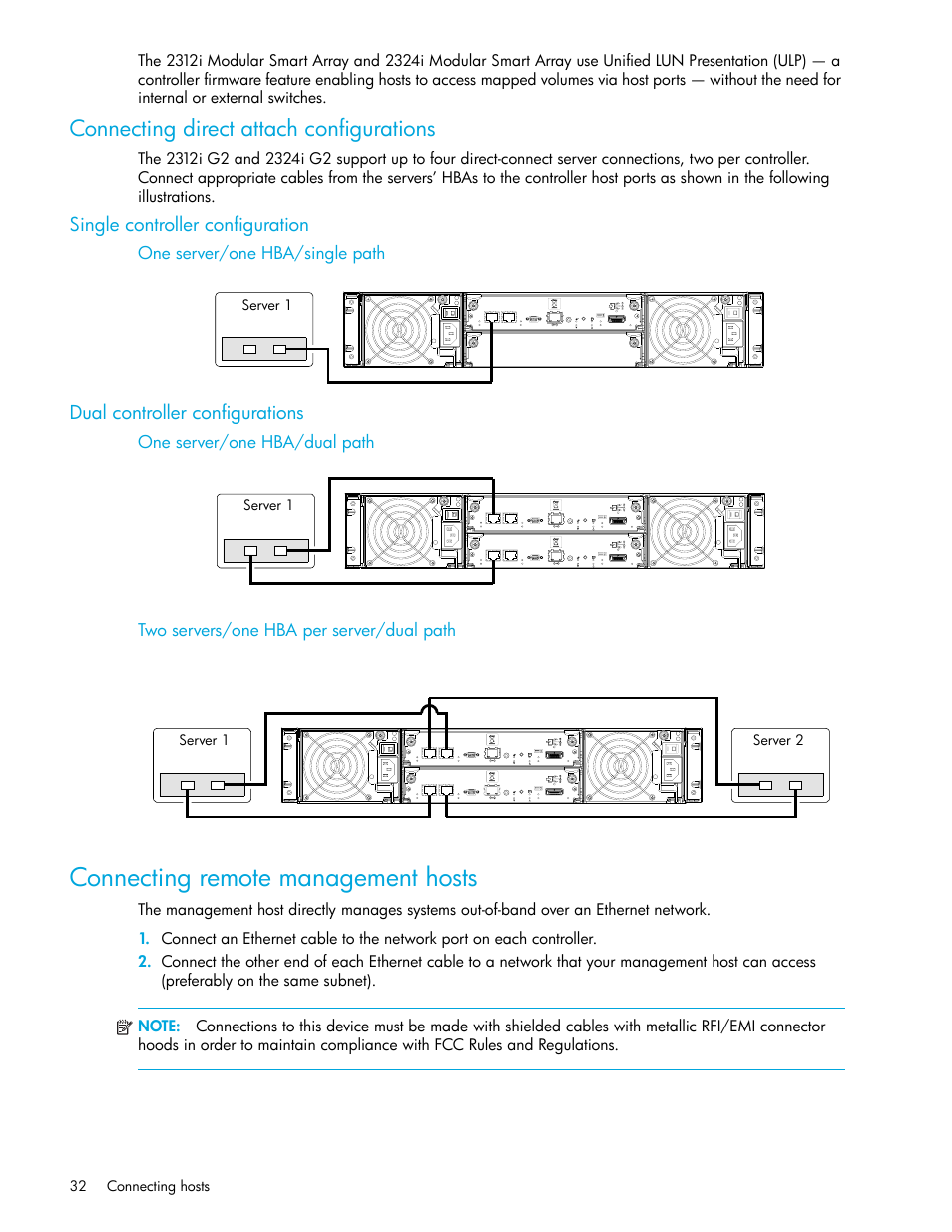 Connecting remote management hosts, Connecting direct attach configurations, Single controller configuration | One server/one hba/single path, Dual controller configurations, One server/one hba/dual path, Two servers/one hba per server/dual path, Connecting remote, Management hosts | HP 2000I G2-Modular-Smart-Array User Manual | Page 32 / 72