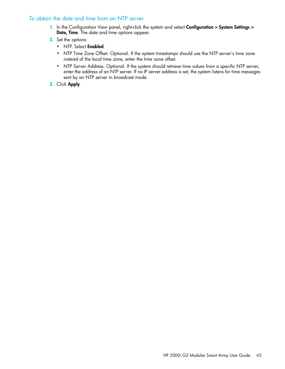 To obtain the date and time from an ntp server | HP 2000I G2-Modular-Smart-Array User Manual | Page 43 / 72