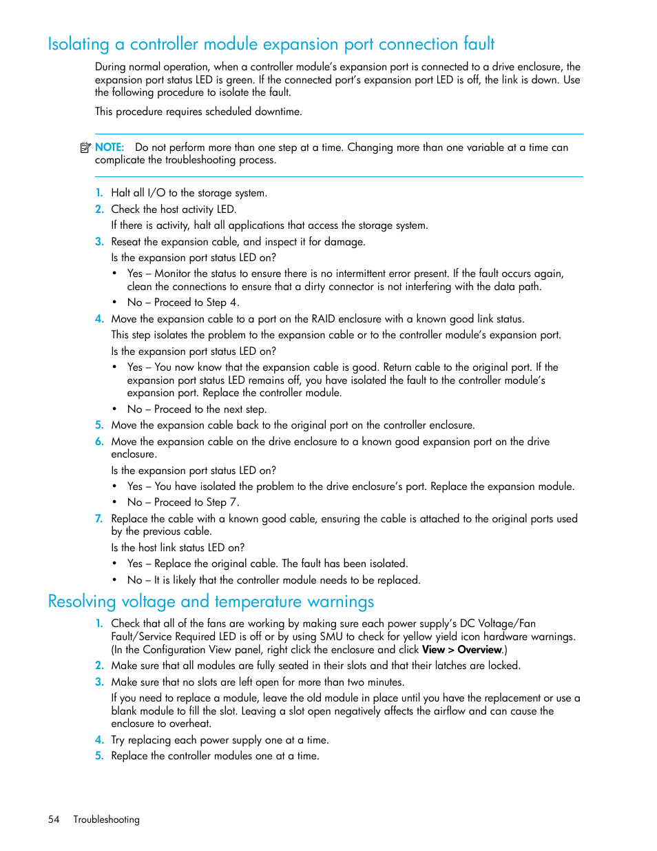 Resolving voltage and temperature warnings | HP 2000I G2-Modular-Smart-Array User Manual | Page 54 / 72