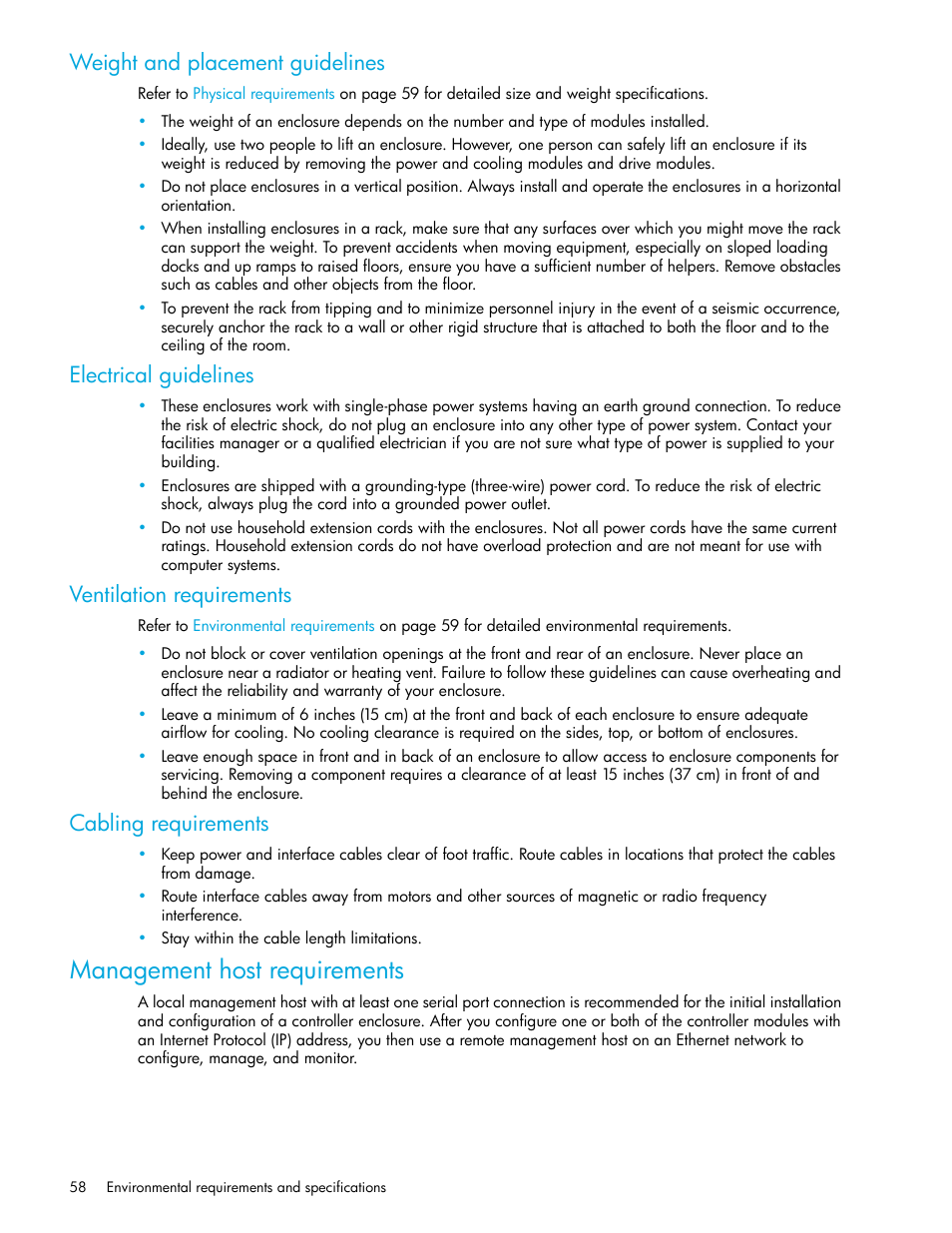 Management host requirements, Weight and placement guidelines, Electrical guidelines | Ventilation requirements, Cabling requirements | HP 2000I G2-Modular-Smart-Array User Manual | Page 58 / 72