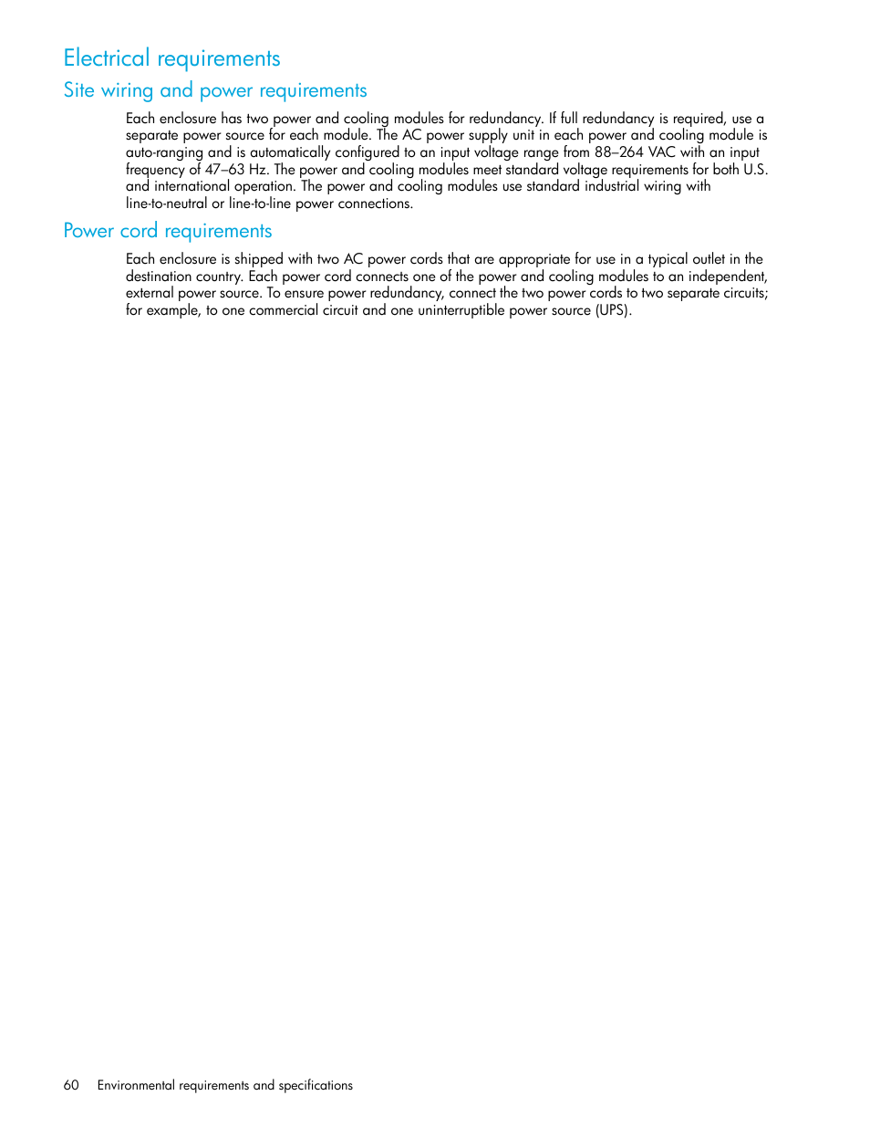 Electrical requirements, Site wiring and power requirements, Power cord requirements | HP 2000I G2-Modular-Smart-Array User Manual | Page 60 / 72