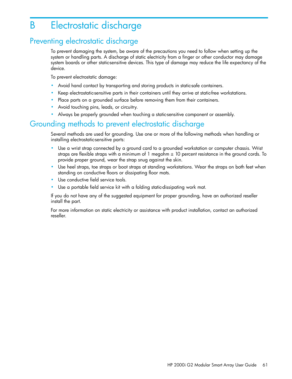 Electrostatic discharge, Preventing electrostatic discharge, B electrostatic discharge | Belectrostatic discharge | HP 2000I G2-Modular-Smart-Array User Manual | Page 61 / 72