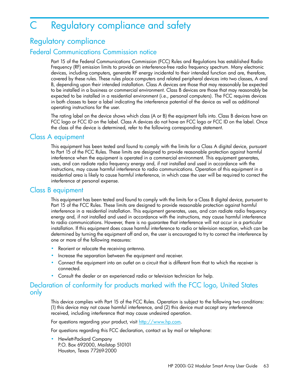 Regulatory compliance and safety, Regulatory compliance, C regulatory compliance and safety | Federal communications commission notice, Class a equipment, Class b equipment, Cregulatory compliance and safety | HP 2000I G2-Modular-Smart-Array User Manual | Page 63 / 72