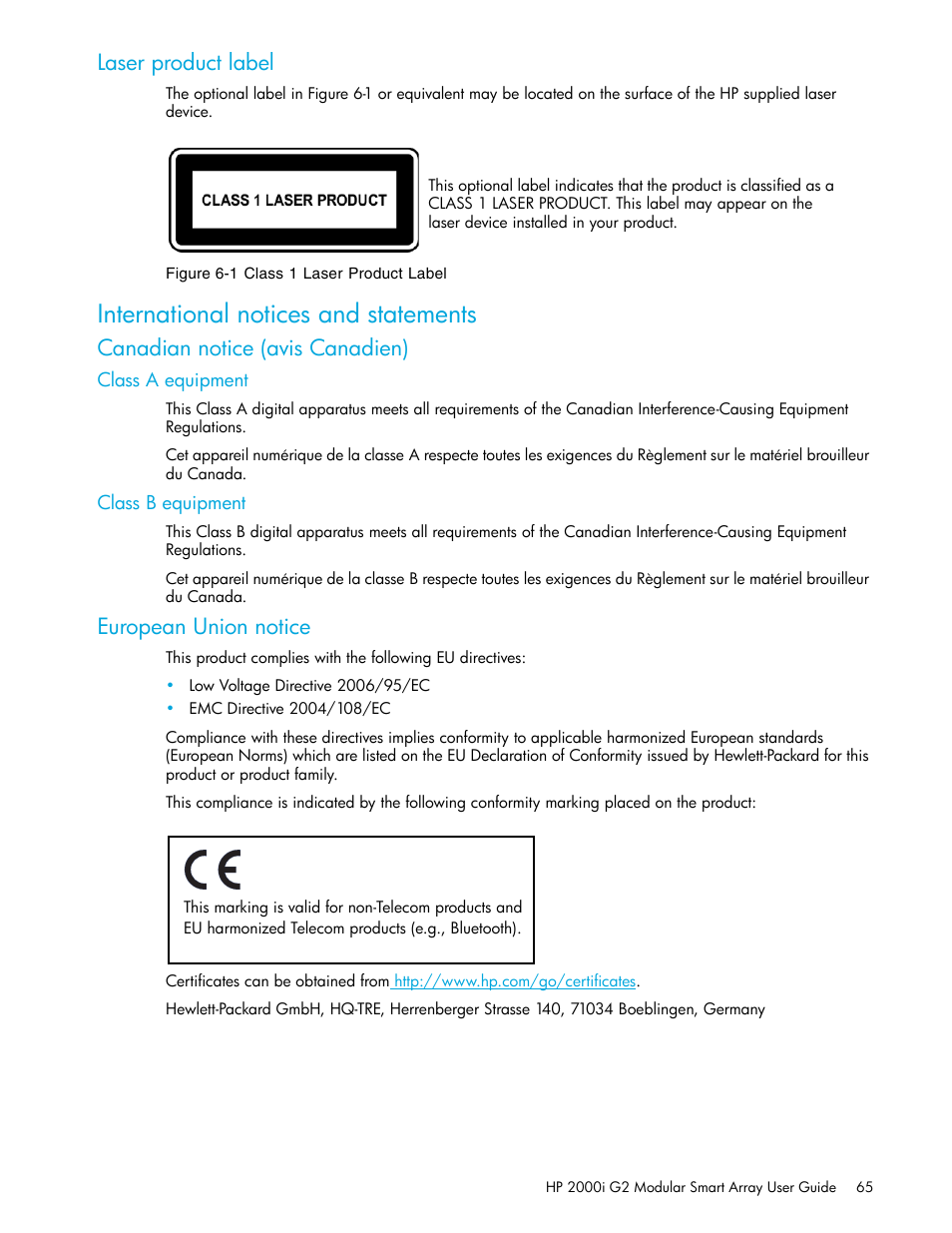 International notices and statements, Laser product label, Canadian notice (avis canadien) | Class a equipment, Class b equipment, European union notice | HP 2000I G2-Modular-Smart-Array User Manual | Page 65 / 72