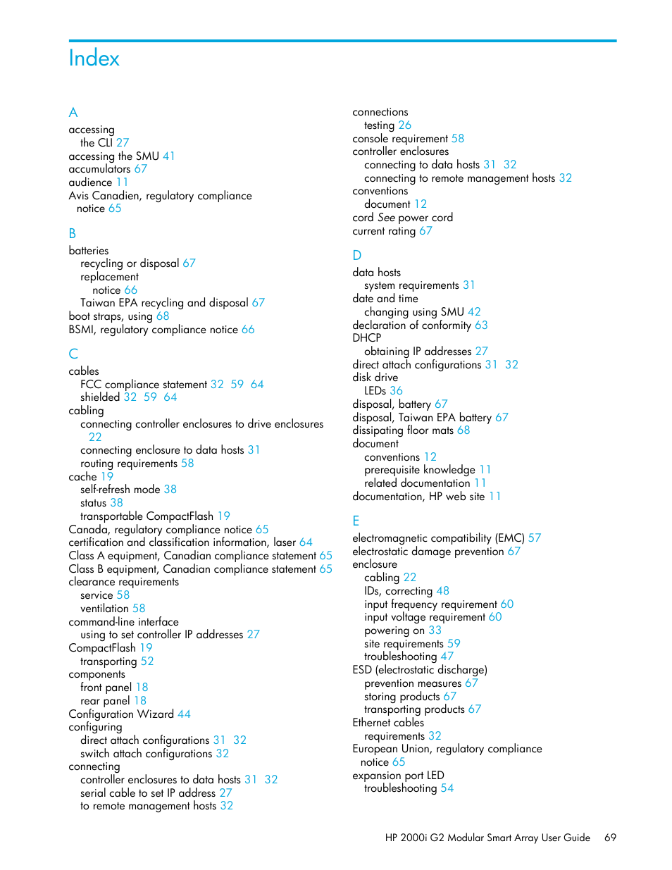 Index | HP 2000I G2-Modular-Smart-Array User Manual | Page 69 / 72