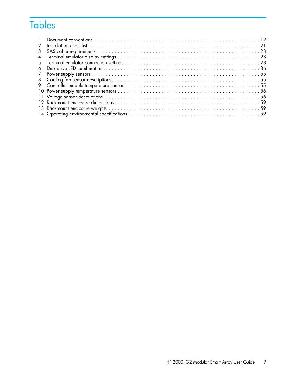 Tables | HP 2000I G2-Modular-Smart-Array User Manual | Page 9 / 72