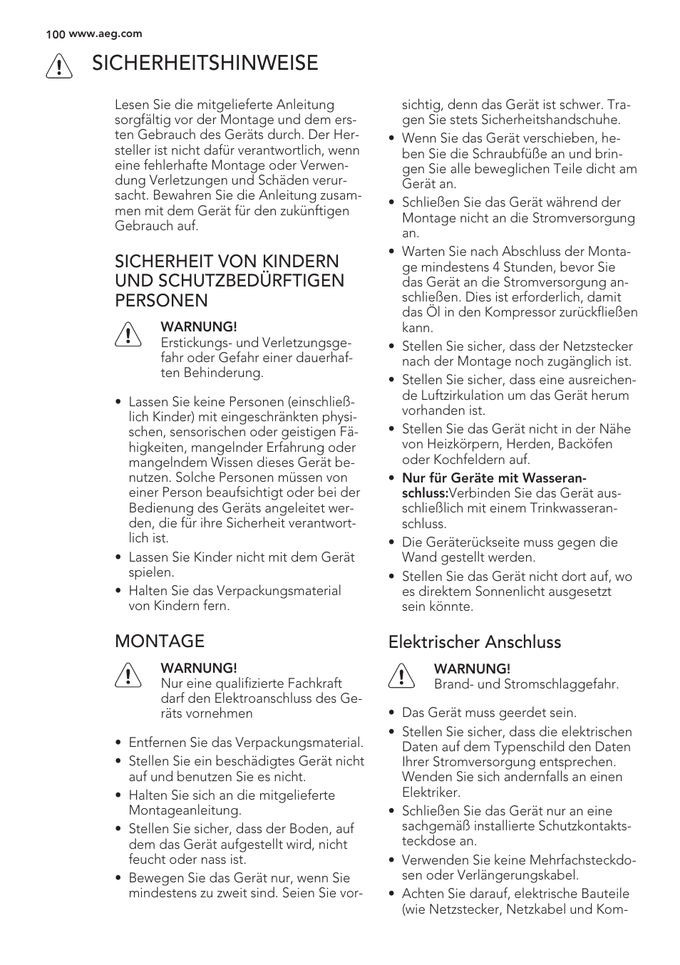 I\ sicherheitshinweise, Montage, Elektrischer anschluss | AEG S56090XNS1 User Manual | Page 100 / 200