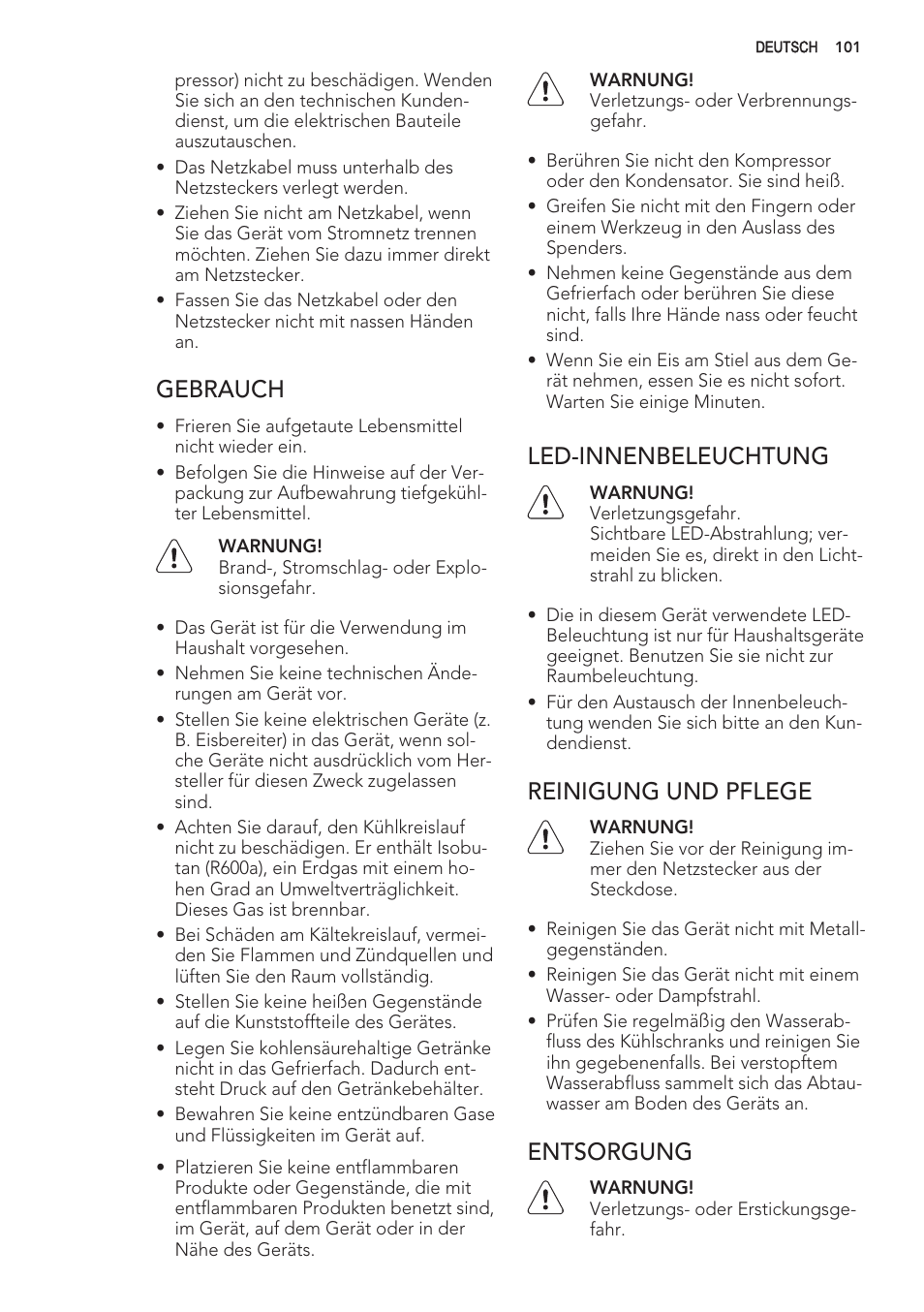 Gebrauch, Led-innenbeleuchtung, Reinigung und pflege | Entsorgung | AEG S56090XNS1 User Manual | Page 101 / 200