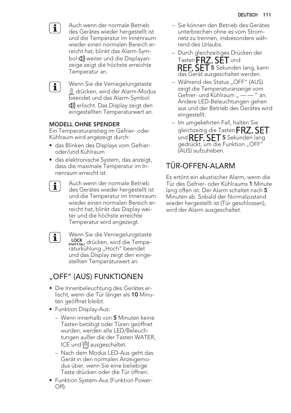 Frz.set, Ref.set, Tür-offen-alarm | Off" (aus) funktionen | AEG S56090XNS1 User Manual | Page 111 / 200