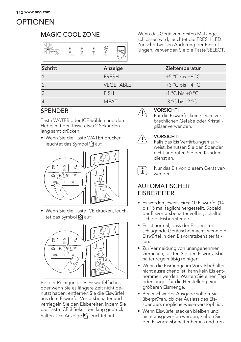 Optionen, Magic cool zone, Spender | Automatischer eisbereiter | AEG S56090XNS1 User Manual | Page 112 / 200