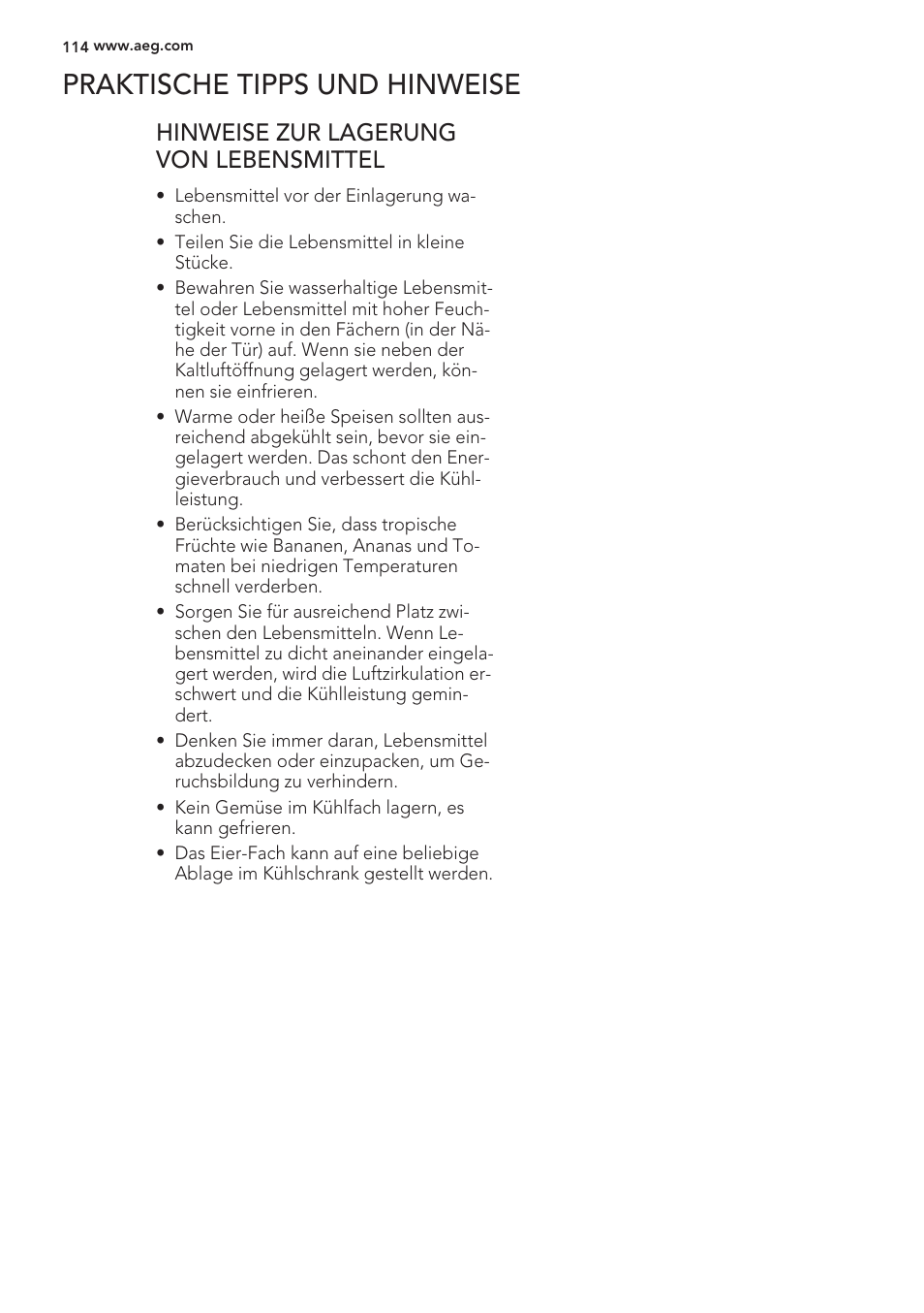 Praktische tipps und hinweise, Hinweise zur lagerung von lebensmittel | AEG S56090XNS1 User Manual | Page 114 / 200