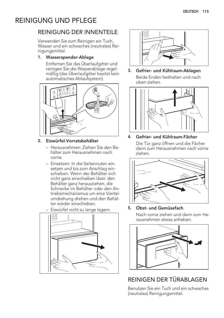 Reinigung und pflege, Reinigung der innenteile, Reinigen der turablagen | AEG S56090XNS1 User Manual | Page 115 / 200