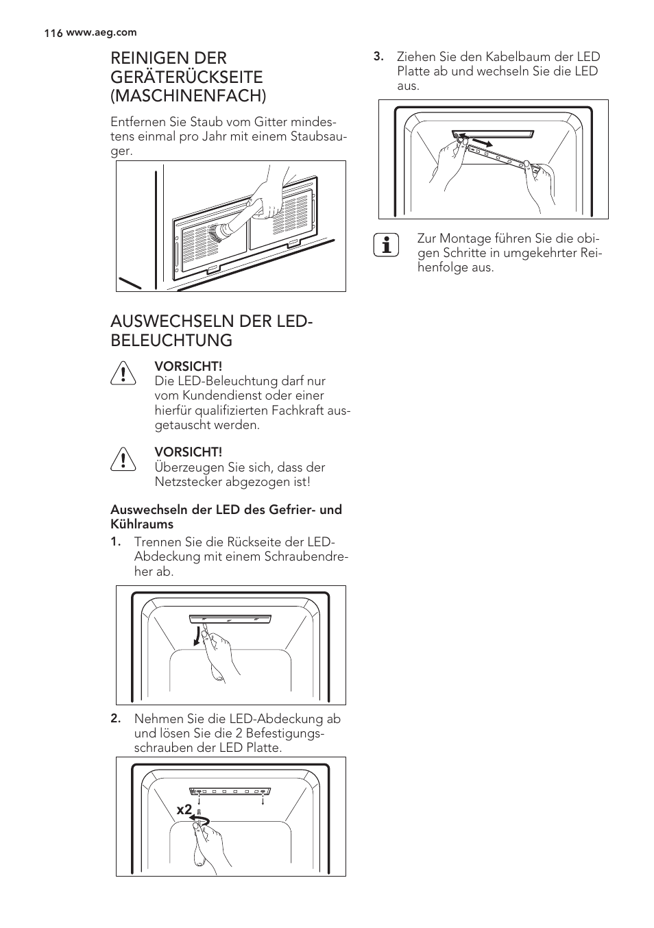 Reinigen der geräterückseite (maschinenfach), Auswechseln der led- beleuchtung | AEG S56090XNS1 User Manual | Page 116 / 200