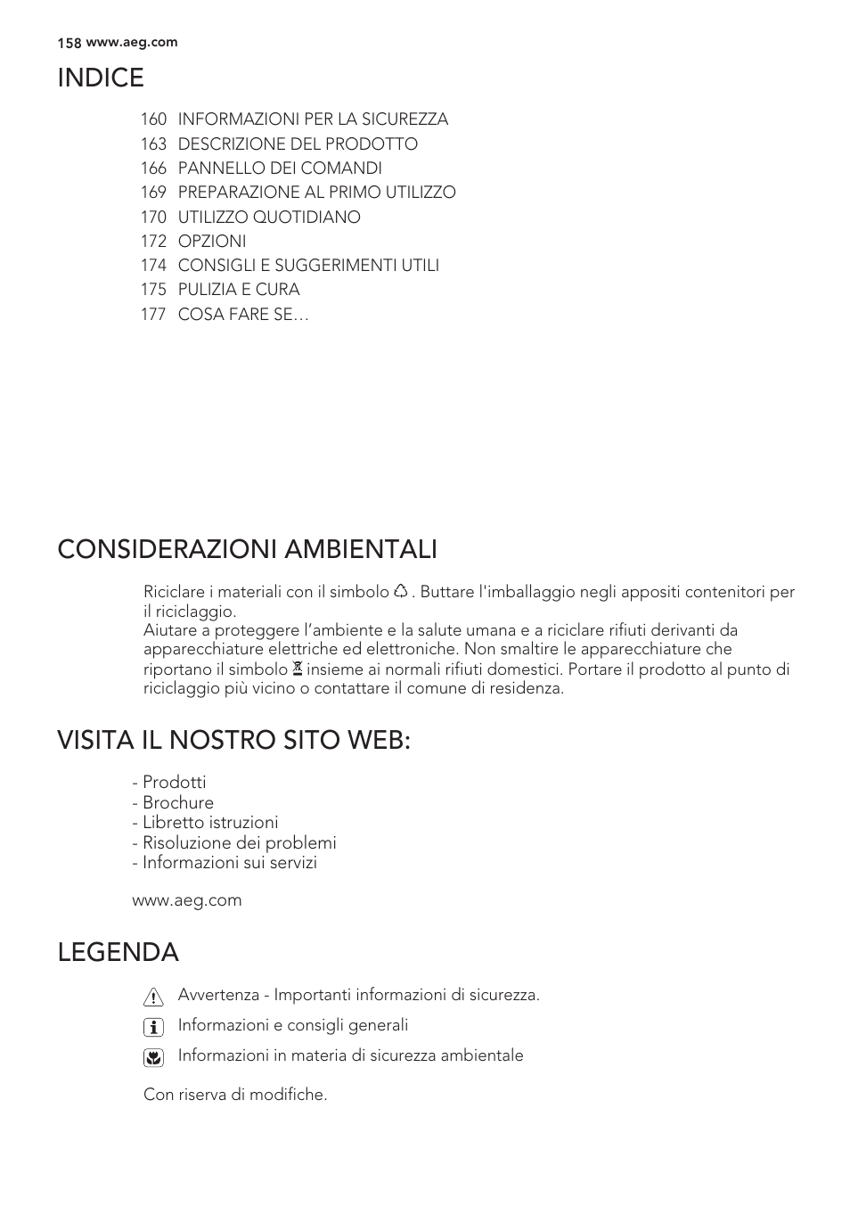 Indice, Considerazioni ambientali, Visita il nostro sito web | Legenda | AEG S56090XNS1 User Manual | Page 158 / 200