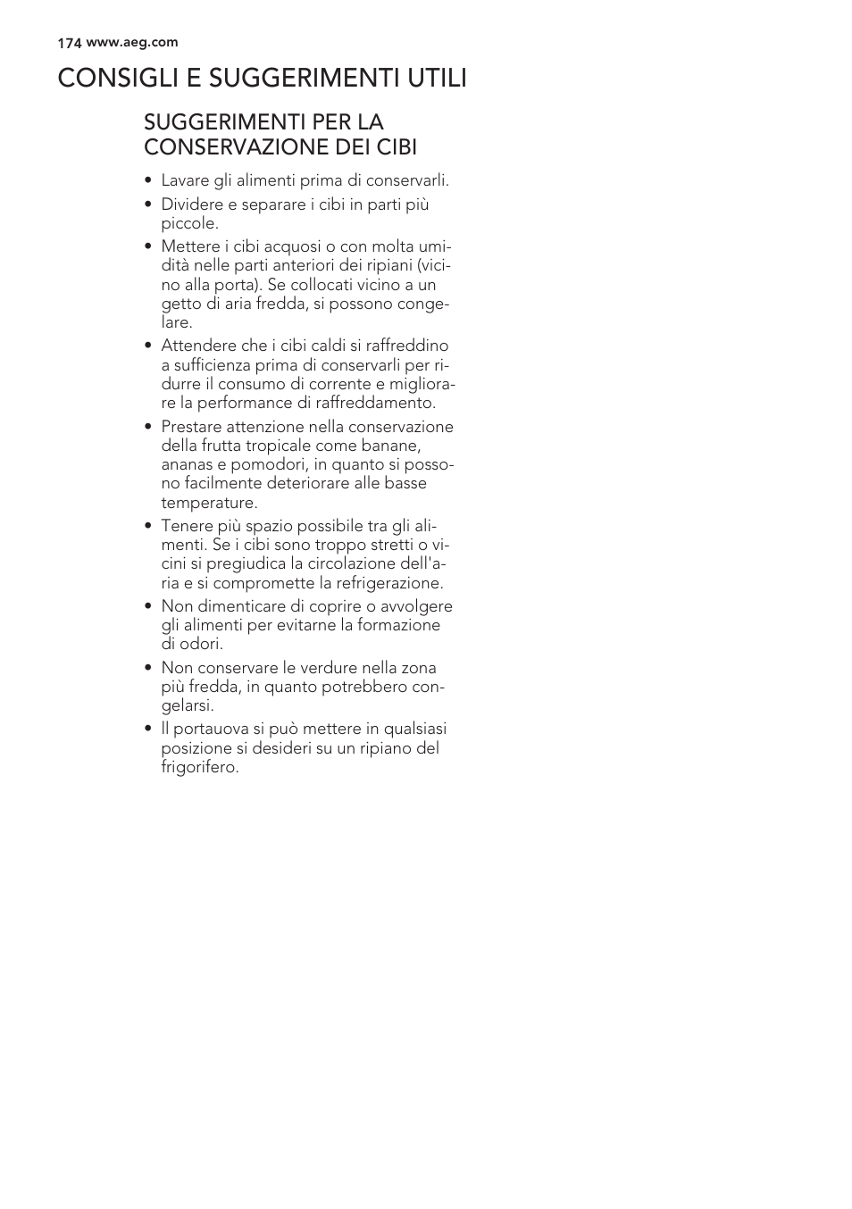 Consigli e suggerimenti utili, Suggerimenti per la conservazione dei cibi | AEG S56090XNS1 User Manual | Page 174 / 200