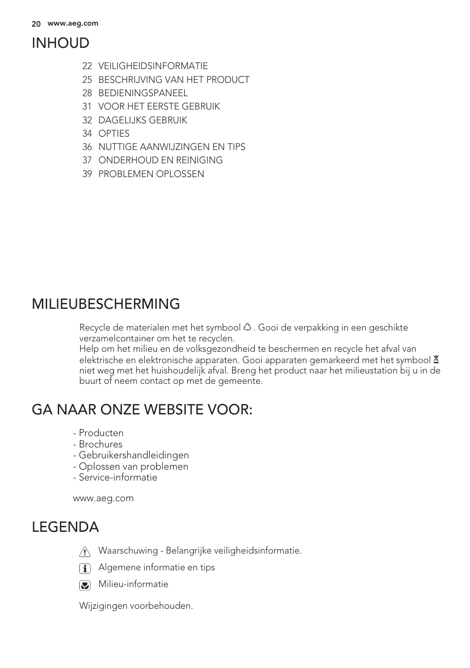 Inhoud, Milieubescherming, Ga naar onze website voor | Legenda | AEG S56090XNS1 User Manual | Page 20 / 200