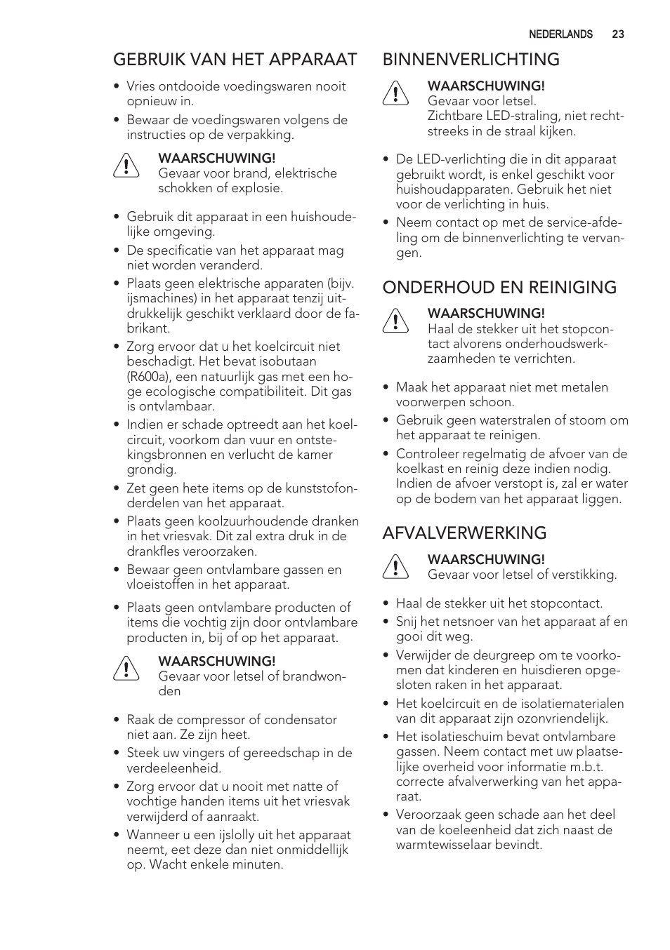 Gebruik van het apparaat binnenverlichting, Onderhoud en reiniging, Afvalverwerking | AEG S56090XNS1 User Manual | Page 23 / 200
