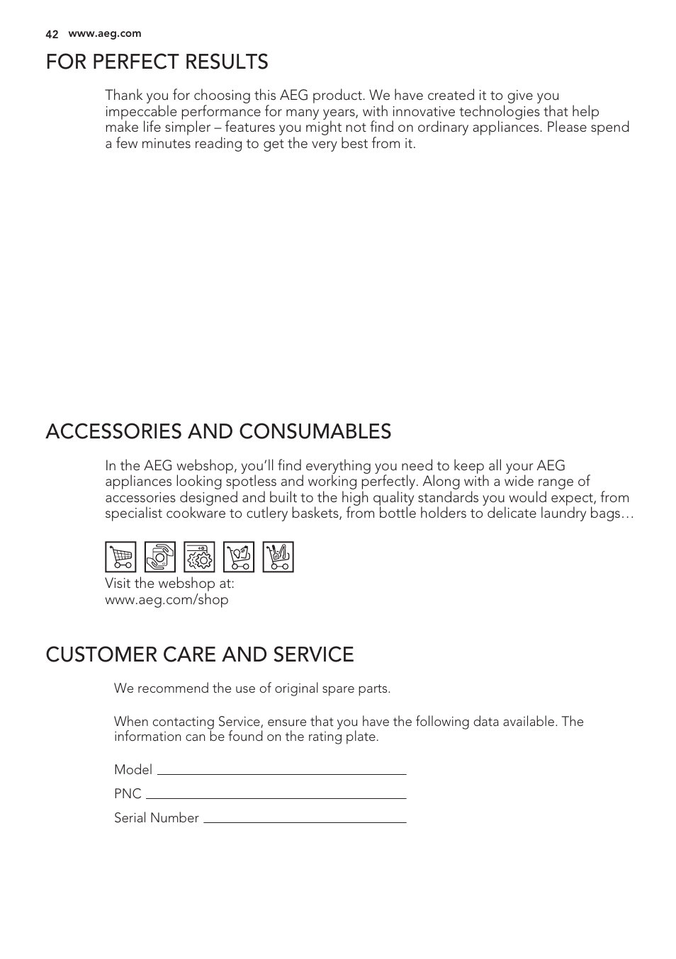For perfect results, Accessories and consumables, Customer care and service | AEG S56090XNS1 User Manual | Page 42 / 200